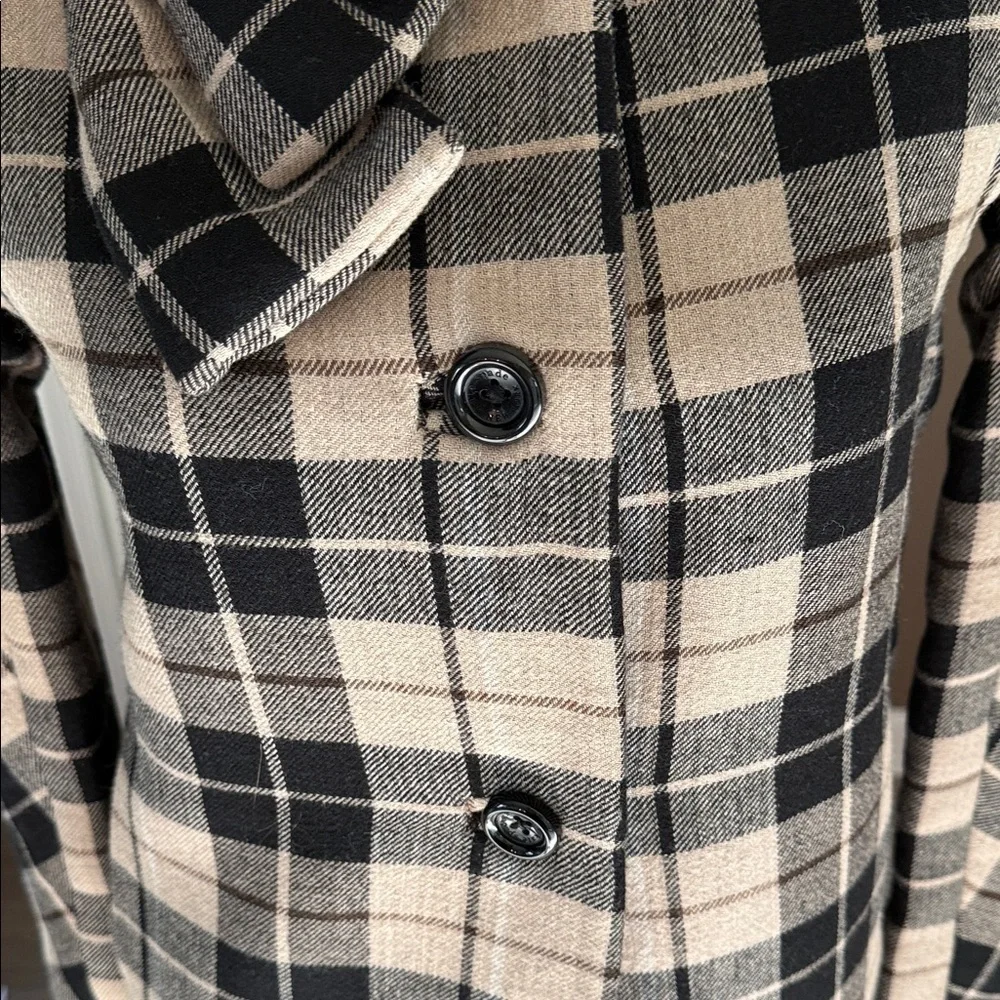 KATE SPADE Tan & Black Plaid Wool Blend Jacket Double Breasted Bow Collar Size M